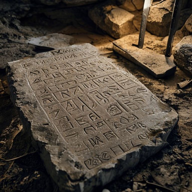 Ancient Elder Futhark runic inscription chiseled into rough granite boulder, moonlight, Norse archaeological dig site
