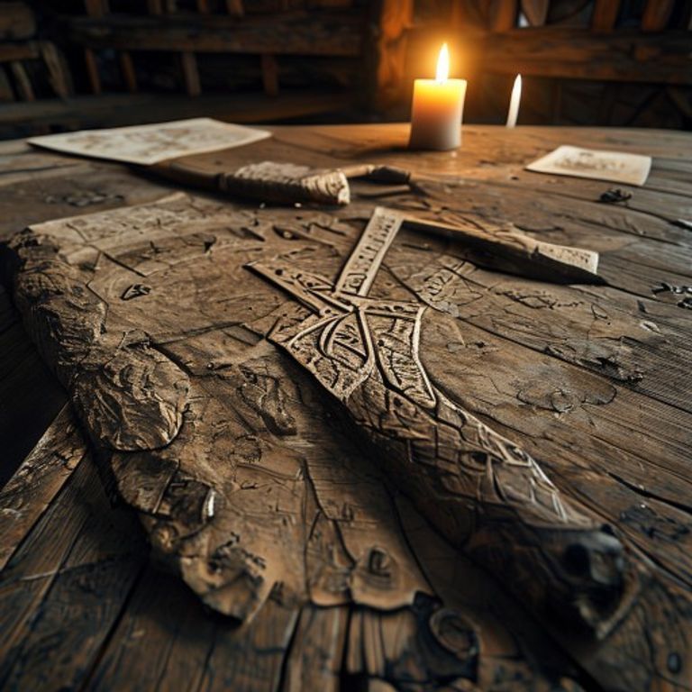 Gebo and Ansuz Gibu Auja bind rune carved into ancient weathered oak wood, candlelight, Viking-age longhouse interior