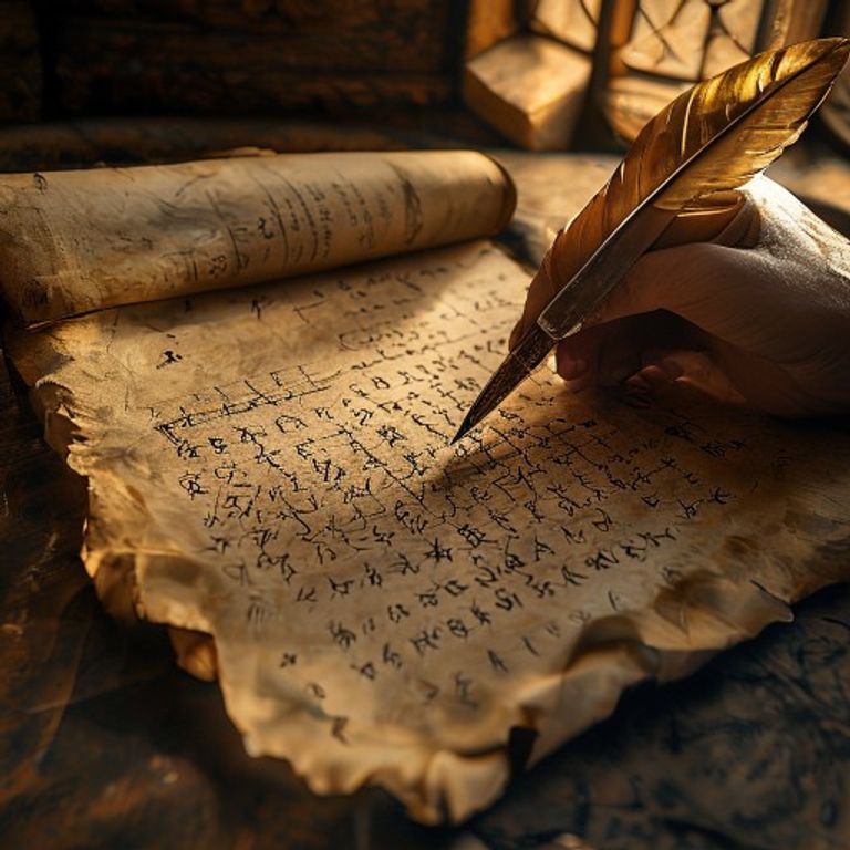 Ancient runic inscription on aged parchment manuscript, dim lantern light in stone chamber, Norse archaeological setting