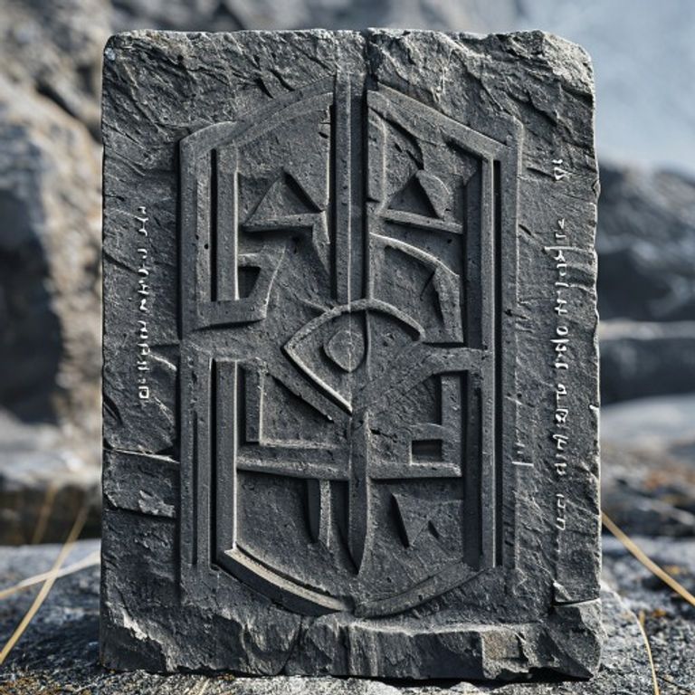Tiwaz and Uruz bind rune carved into volcanic basalt stone, moonlight filtering through pine forest, ancient standing stones clearing