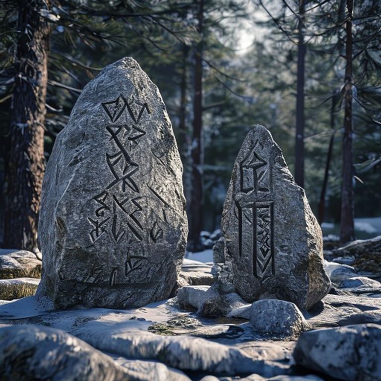 Elder Futhark runic inscription on rough granite boulder, cold winter morning diffused light, snow-covered stone altar Norse setting