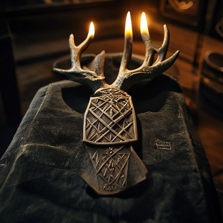 Fehu and Kenaz bind rune carved into carved deer antler, golden hour light on stone, forest clearing with ancient standing stones