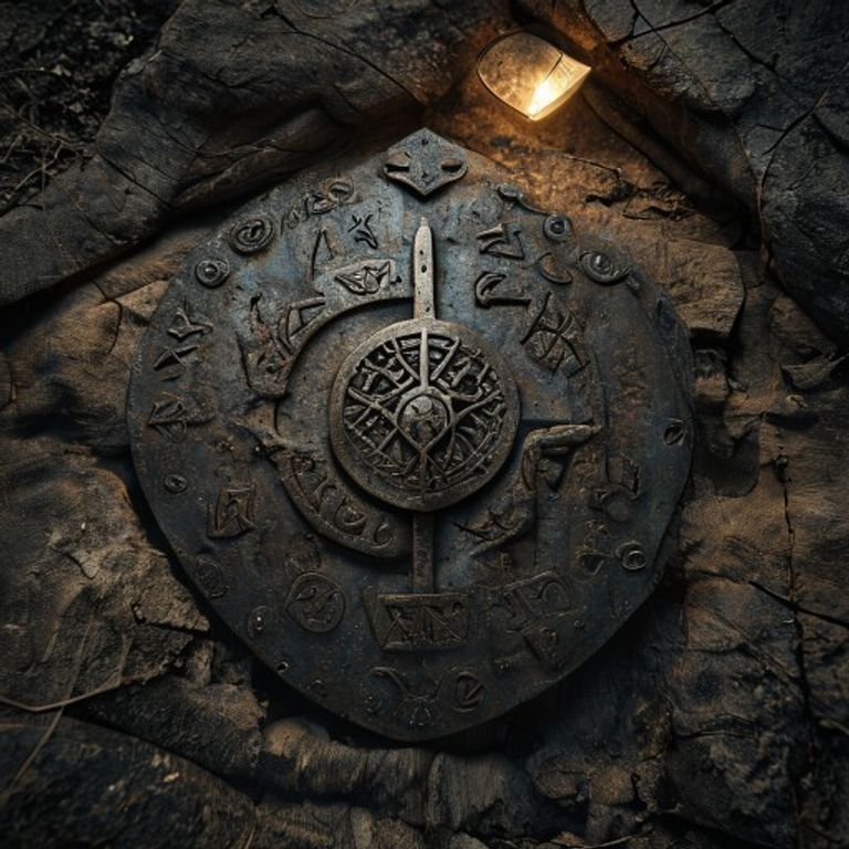 Ancient runic protection inscription on hand-forged iron Viking shield boss, single candle flame casting long shadows, historical museum display case on dark velvet