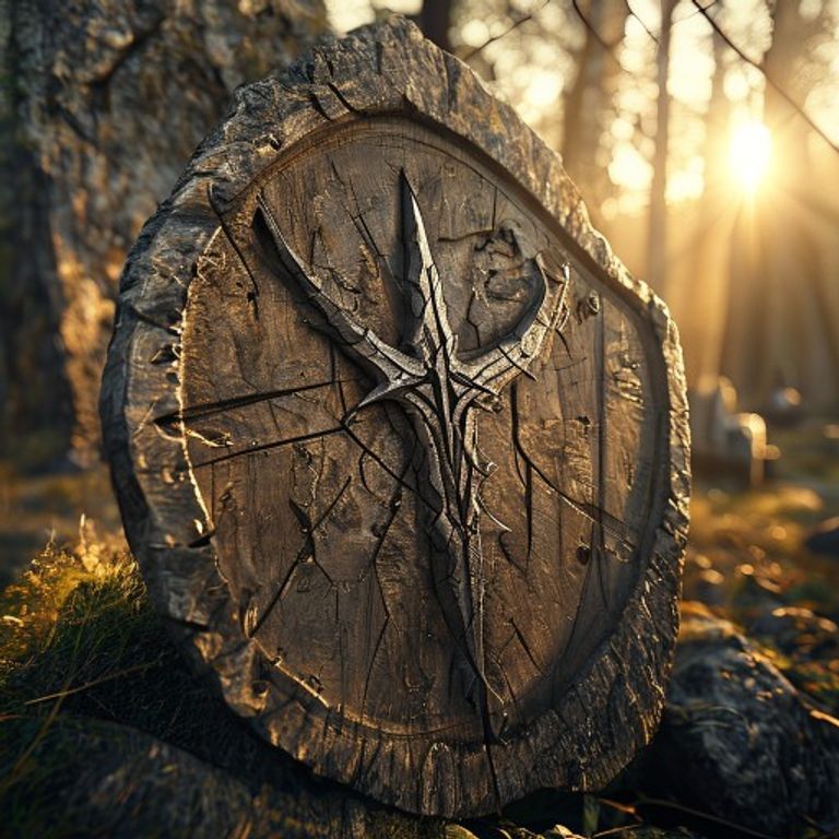 Thurisaz rune carved deeply into ancient weathered oak wood, dim lantern light in stone chamber, Norse archaeological dig site