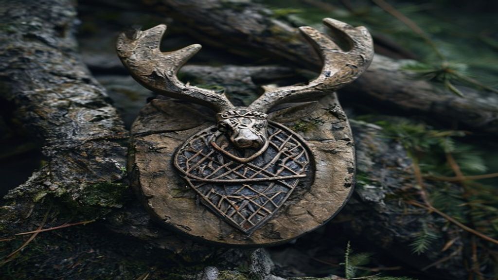 Berkano and Ingwaz bind rune carved into carved deer antler with golden hour light, snow-covered stone altar