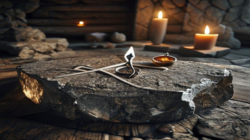 Gebo rune ᚷ carved into volcanic basalt stone with moonlight filtering through pine forest, Norse archaeological dig site