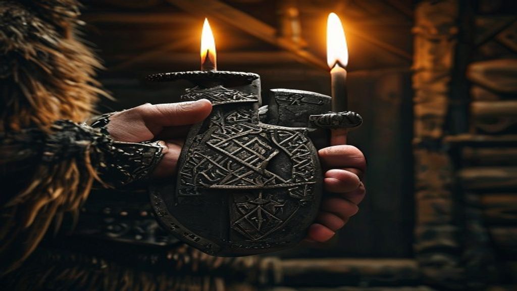 Tiwaz and Uruz bind rune for strength inscribed on hand-forged iron with single candle flame casting long shadows, Viking-age longhouse interior