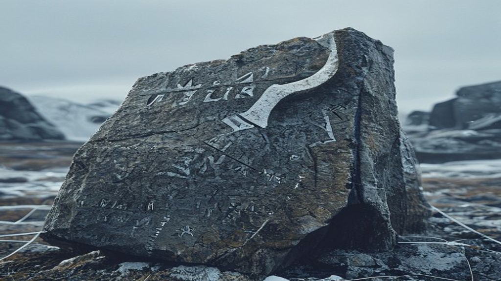 Uruz rune ᚢ carved into rough granite boulder with cold winter morning diffused light, Norse archaeological dig site