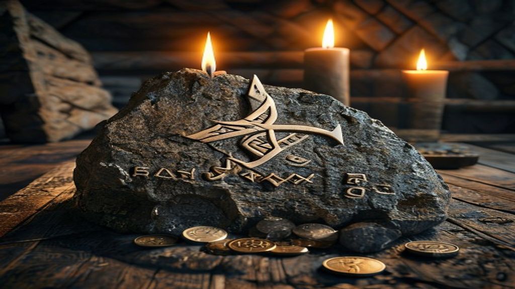 Fehu wealth rune carved deeply into volcanic basalt stone with cattle horn motif, single candle flame, Viking-age longhouse interior