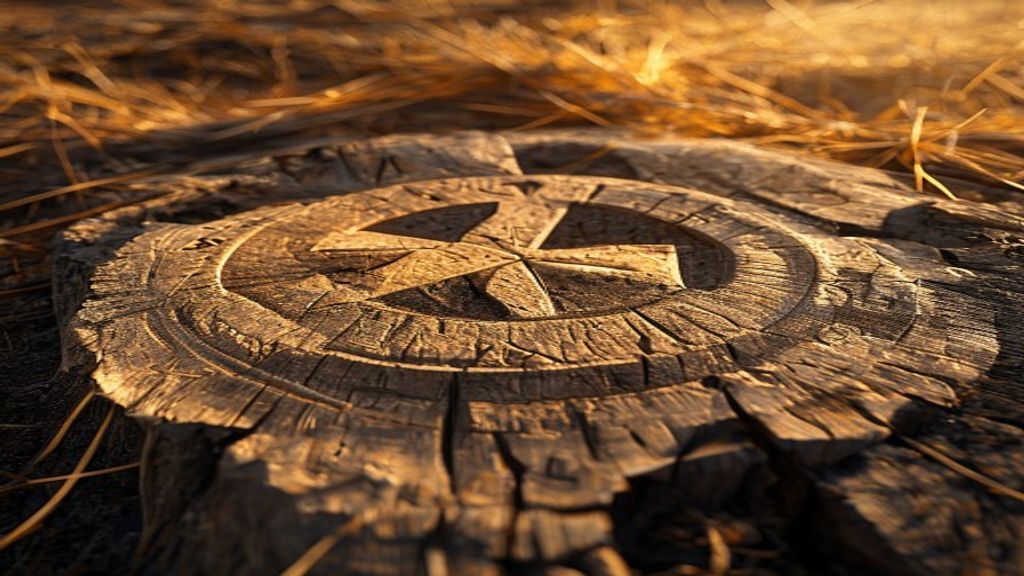 Jera harvest cycle rune carved into ancient weathered oak wood with grain pattern, golden hour light, forest clearing with ancient standing stones