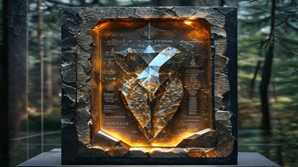 Othala ancestral estate rune set in cracked amber with homestead symbol, dim lantern light in stone chamber, historical museum display case on dark velvet