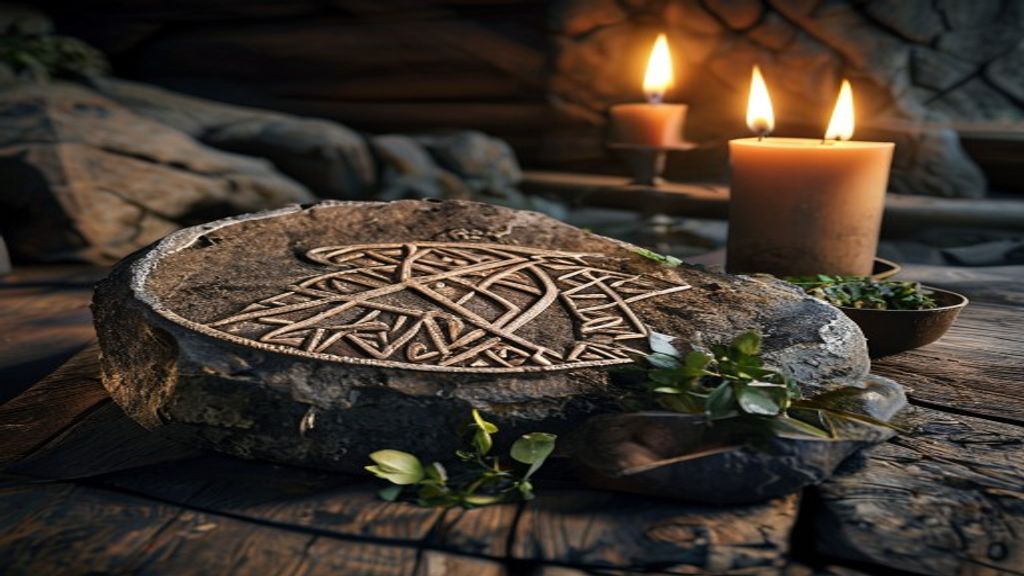 Uruz and Kenaz healing bind rune carved into volcanic basalt stone, candlelight, Viking-age longhouse
