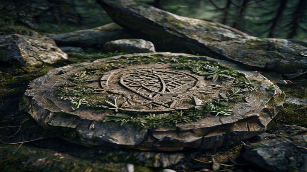 Uruz rune carved deeply into ancient weathered oak wood, golden hour light, snow-covered stone altar