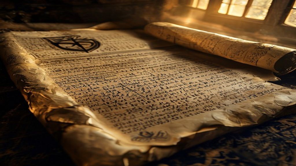 Ansuz rune inscribed on aged parchment manuscript, cold winter morning diffused light, historical museum display case on dark velvet