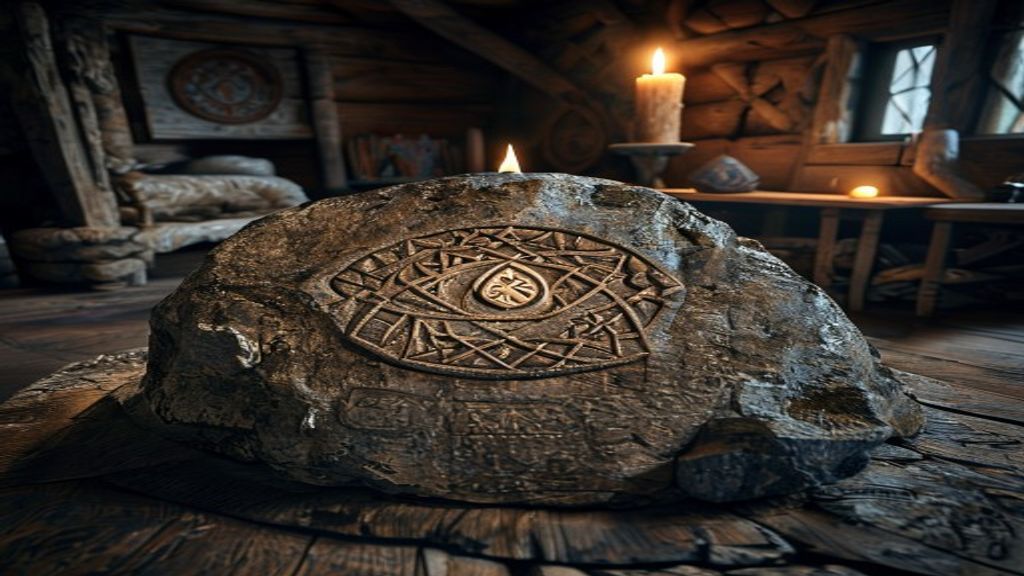 Othala and Berkano family bind rune carved into rough granite boulder, golden hour light, Norse archaeological site