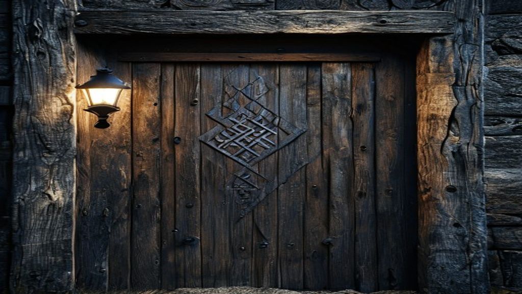 Othala rune inscribed on hand-forged iron amulet, single candle flame casting long shadows, Viking-age longhouse interior