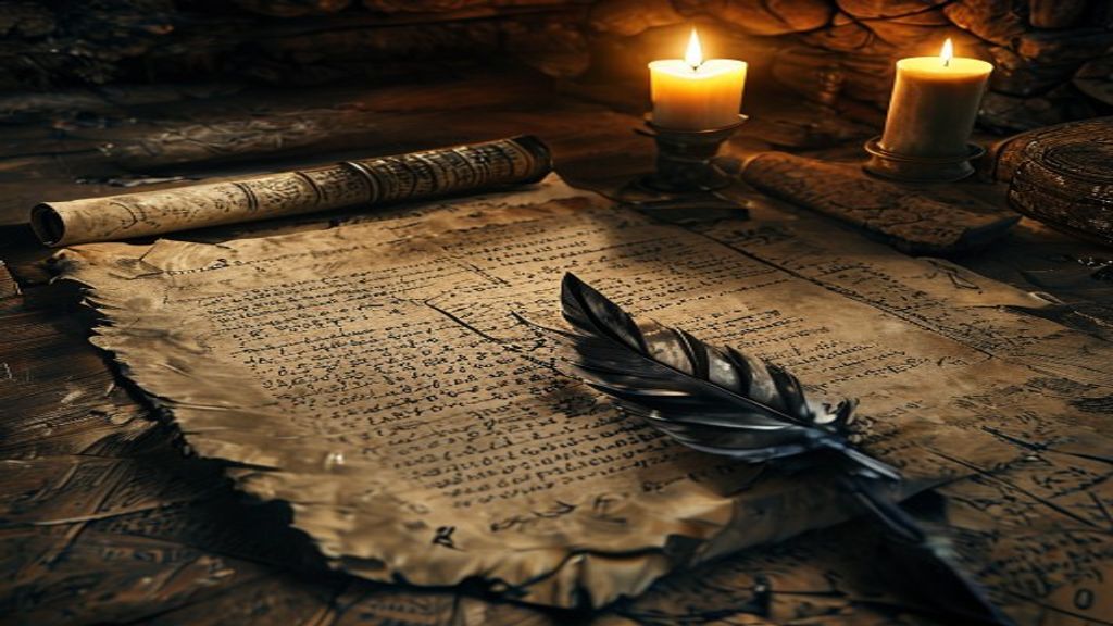 Ansuz rune written on aged parchment manuscript with runic text columns and candlelight in a Viking-age longhouse interior
