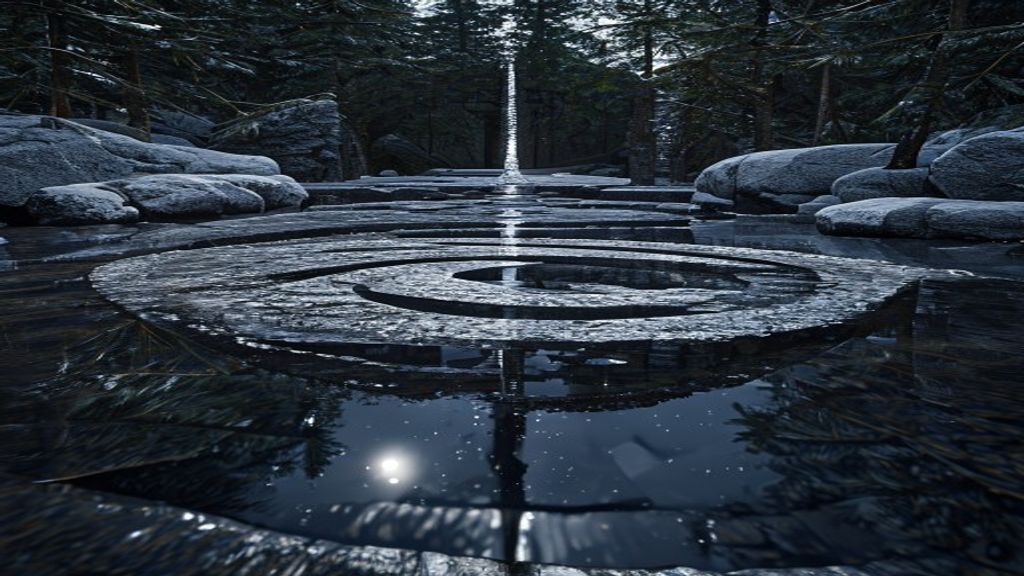 Laguz rune carved into volcanic basalt stone beside a water vessel with golden hour light on a snow-covered stone altar in a forest clearing
