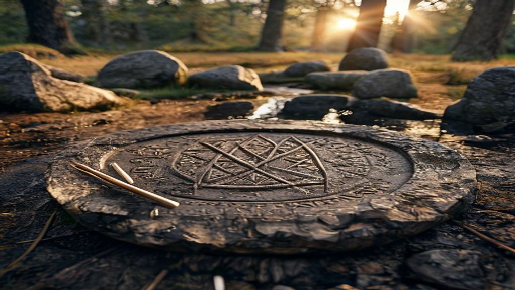 Perthro rune carved into ancient weathered oak lot cup vessel with moonlight filtering through pine forest at a Norse archaeological site