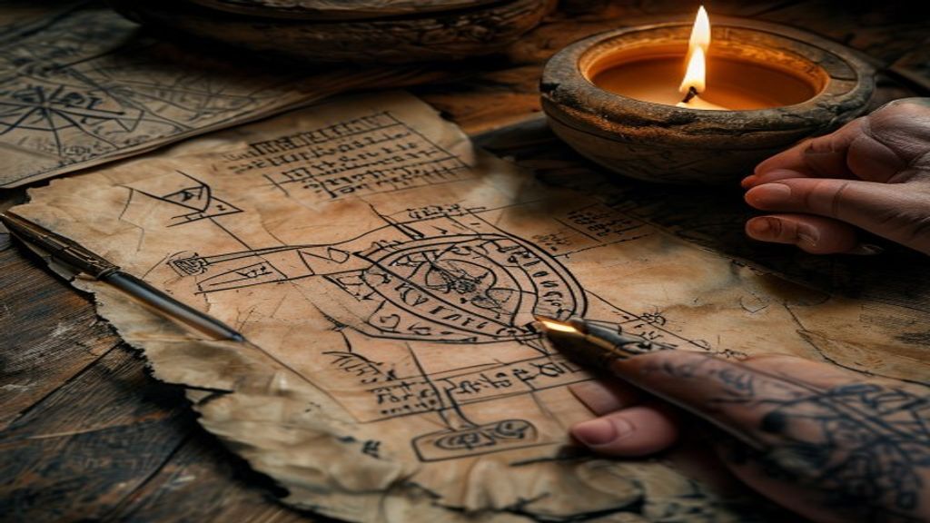 Algiz and Tiwaz bind rune carved into ancient weathered oak wood, single candle flame casting long shadows, Viking-age longhouse interior