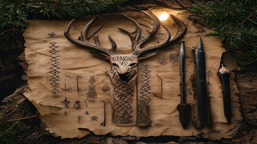 Berkano and Algiz bind rune inscribed on carved deer antler, moonlight filtering through pine forest, forest clearing with ancient standing stones