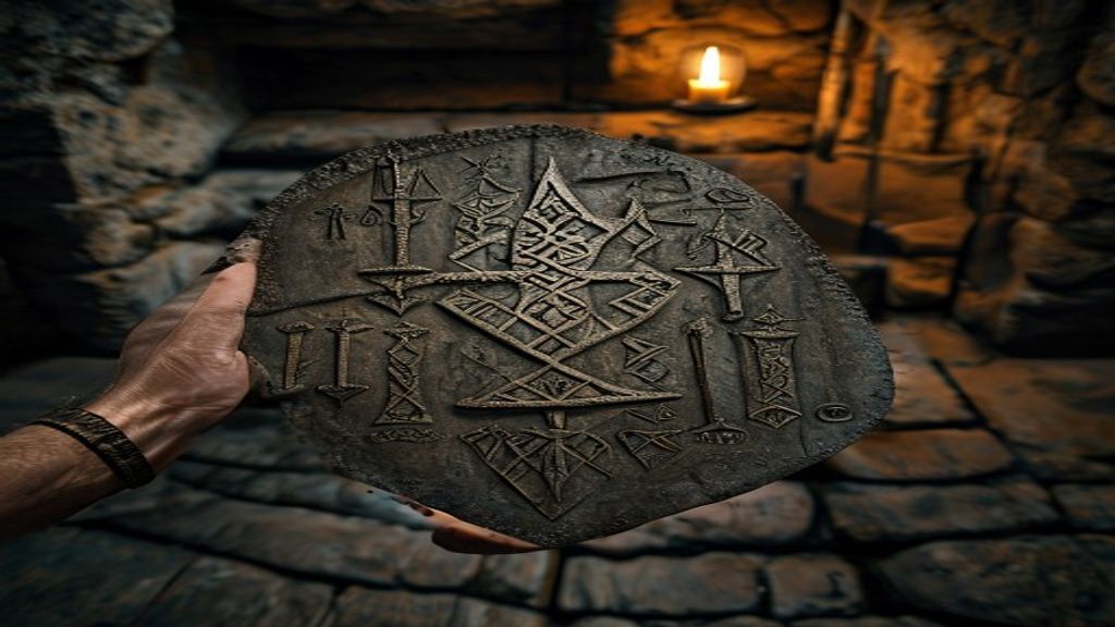 Tiwaz rune deeply carved into hand-forged iron amulet, dim lantern light in stone chamber, historical museum display case on dark velvet