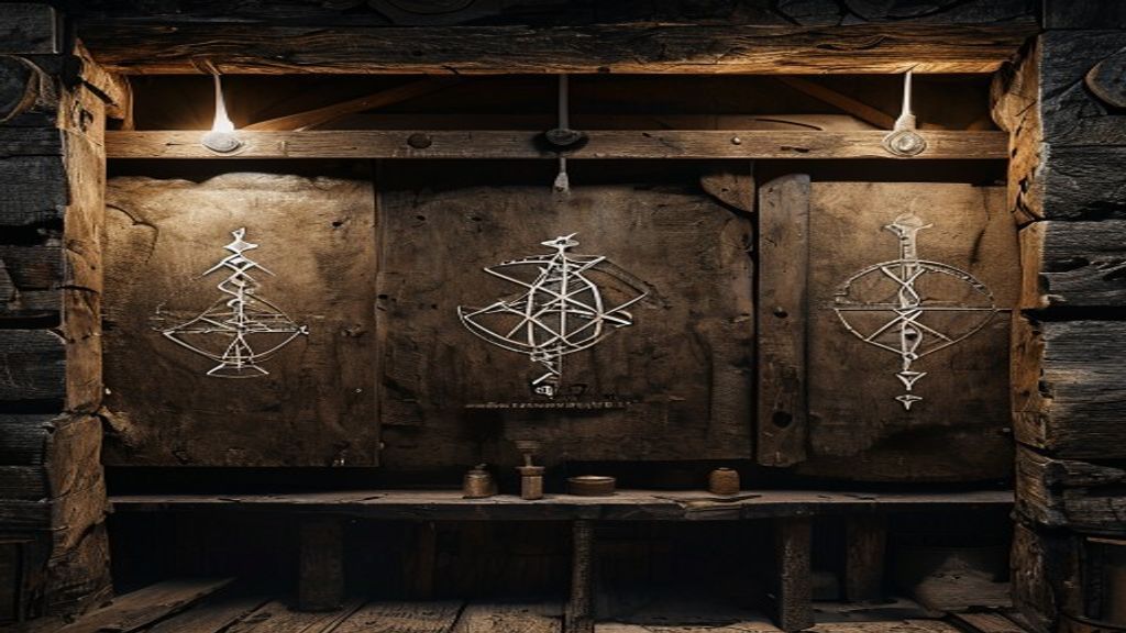 Kenaz rune carved into hand-forged iron, dim lantern light in stone chamber, Viking-age longhouse interior