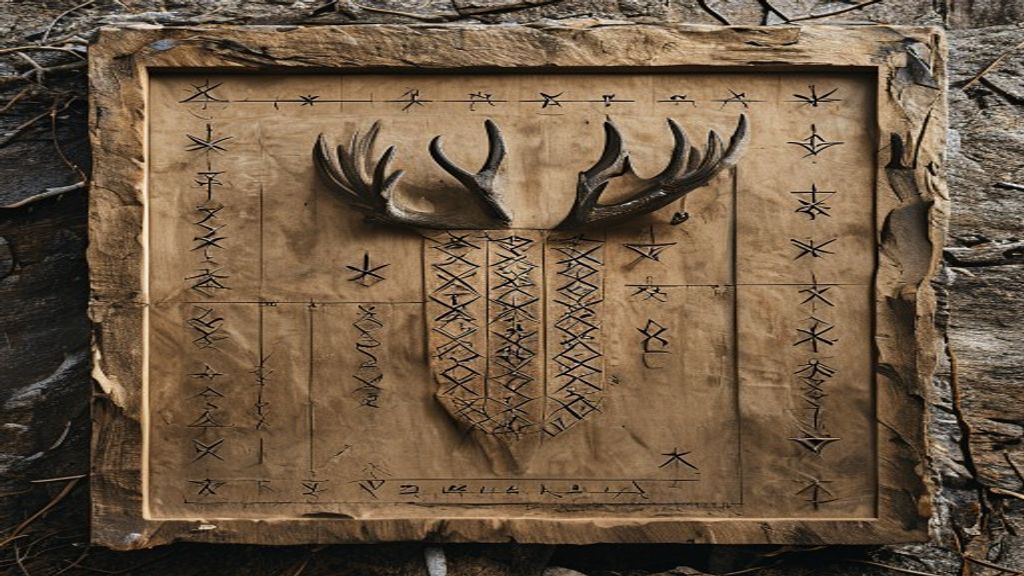 Elder Futhark runic alphabet carved into deer antler amulet as objective archetypal symbols, moonlight through pine forest, Norse archaeological dig site