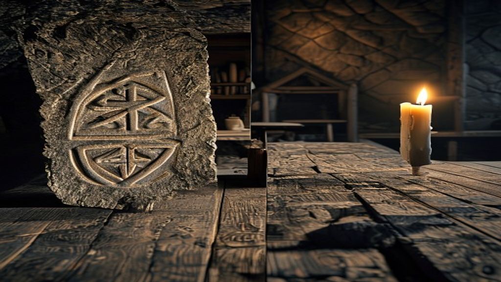 Fehu Elder Futhark rune carved into volcanic basalt stone beside abstract chaos magic sigil on parchment, candlelight, museum display case