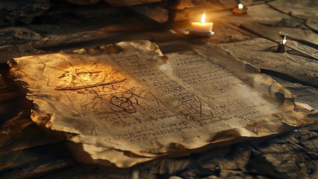 Tiwaz rune activation on rune stone and aged parchment scroll, golden hour light, snow-covered stone altar in forest clearing