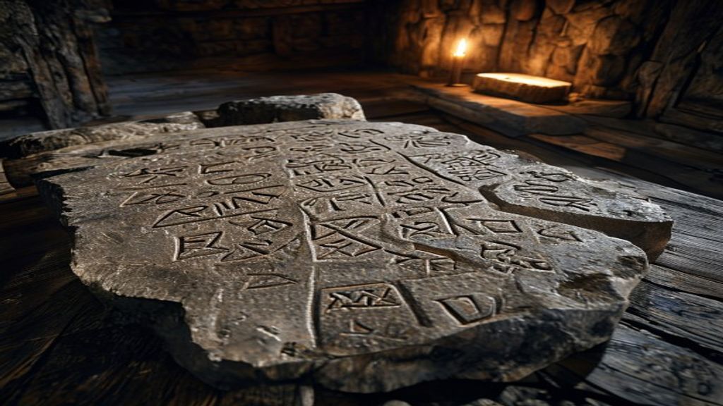 Elder Futhark runes Fehu and Ansuz carved into volcanic basalt stone, candlelight, Viking-age longhouse setting