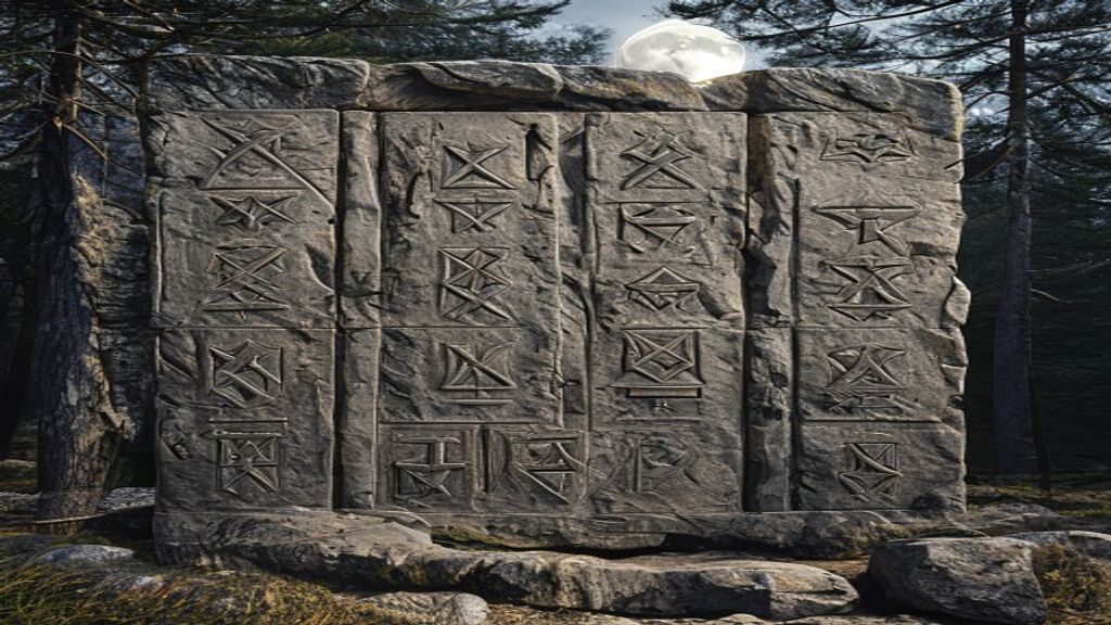 Elder Futhark complete sequence carved into rough granite boulder, cold winter morning light, Norse archaeological dig site