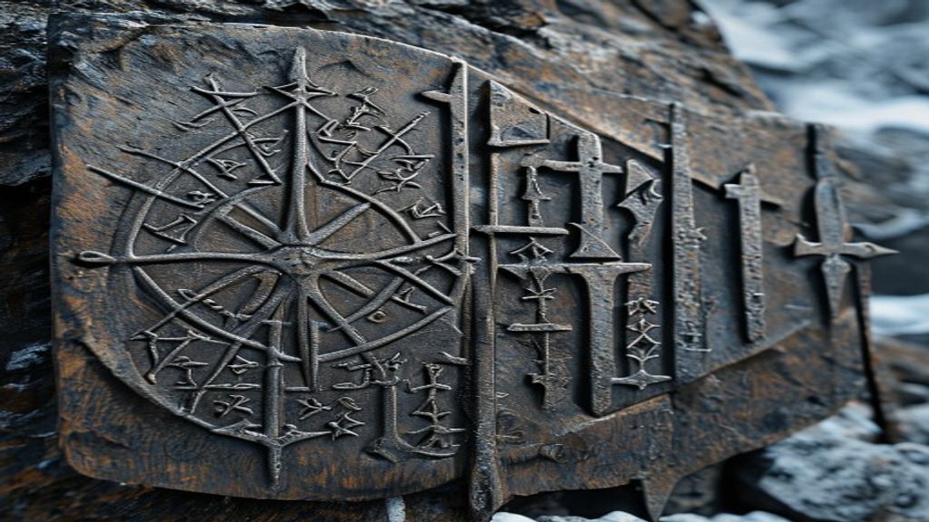 Hagalaz and Isa bind rune inscribed on hand-forged iron amulet, moonlight filtering through pine forest, snow-covered stone altar