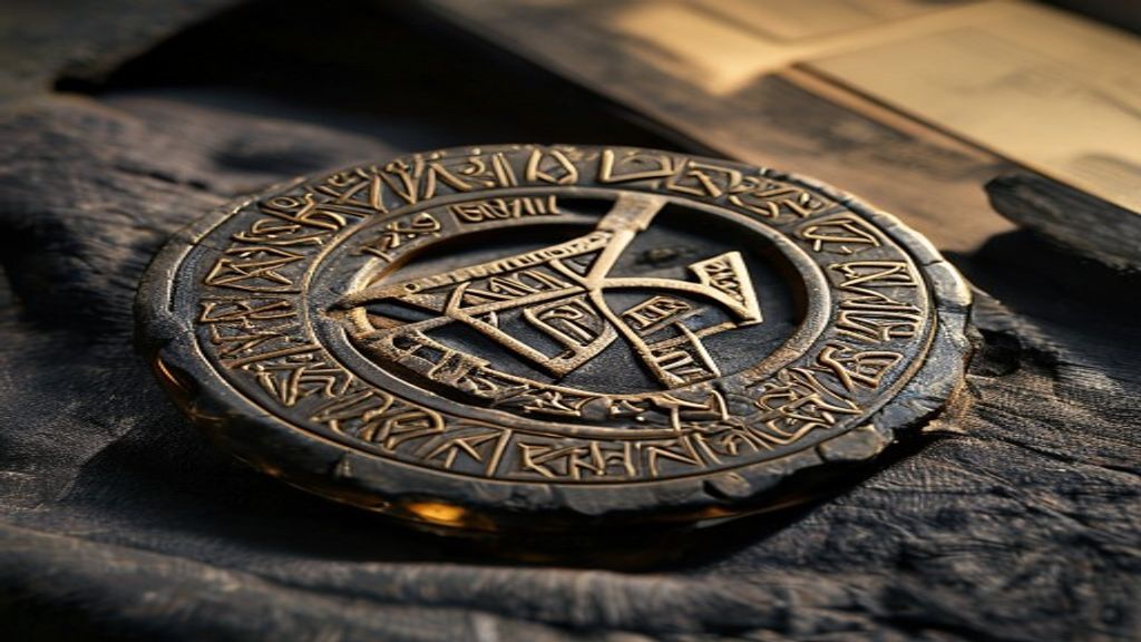 Migration Period runic inscription on cracked amber amulet, dim lantern light in stone chamber, historical museum display case on dark velvet