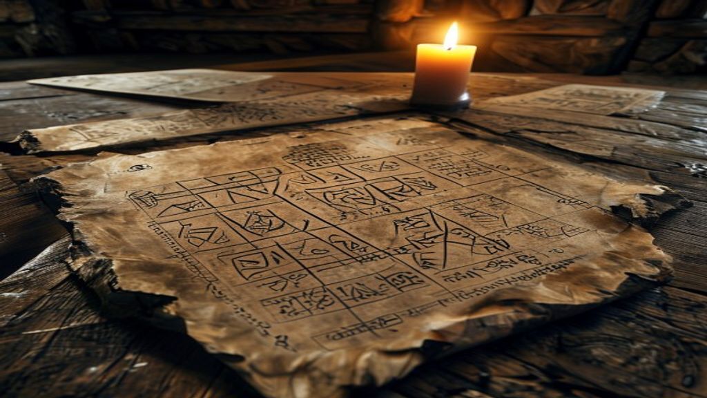 Tiwaz and Algiz bind rune inscribed on ancient weathered oak wood, single candle flame casting long shadows, Viking-age longhouse interior