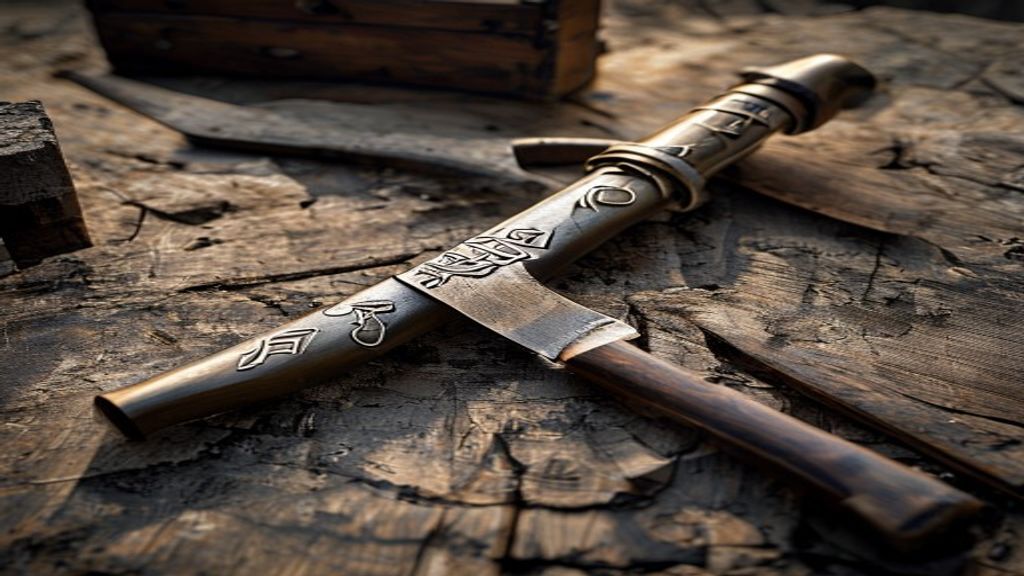 Traditional Norse rune carving tools — iron chisel and sax knife arranged on rough granite surface beside carved wooden rune pieces, cold winter morning diffused light, Norse archaeological dig site