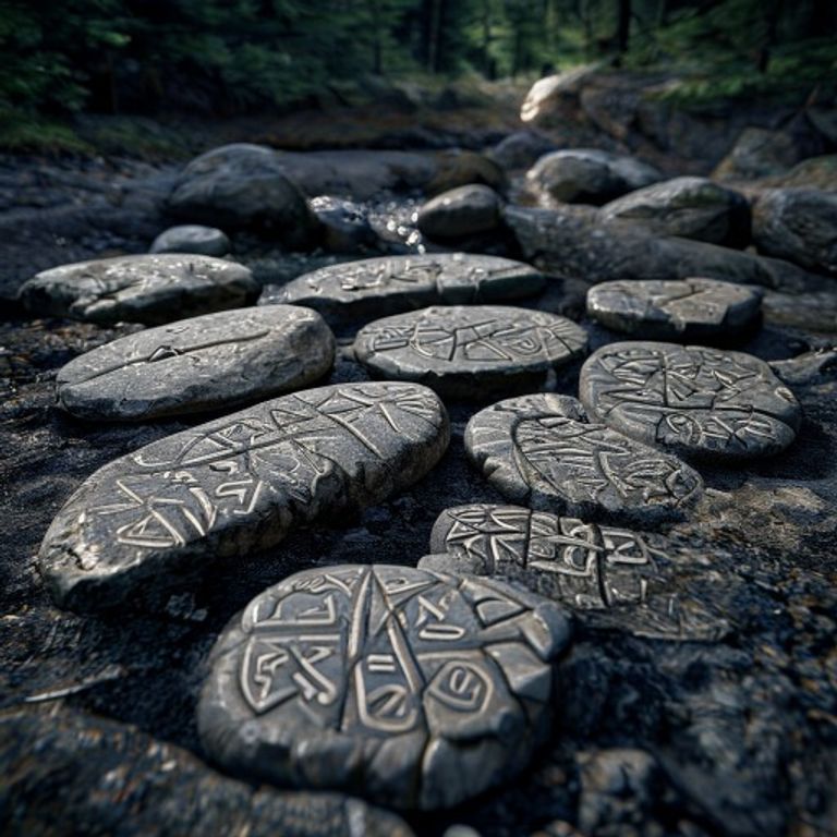 Tiwaz rune being engraved into rough granite river stone with iron carving point, golden hour light on stone surface, forest clearing with ancient standing stones