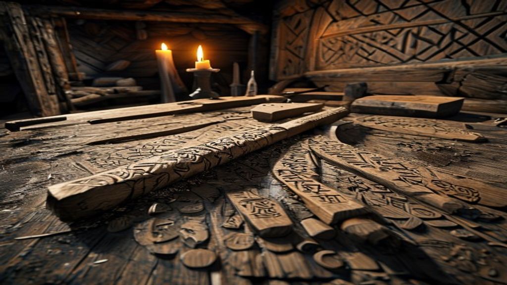 Fehu rune being carved into ancient weathered oak wood plank with a traditional sax knife, Viking-age longhouse interior with craftsman tools and candlelight