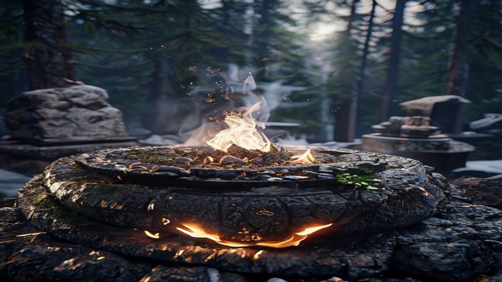 Runes carved into volcanic basalt stone being passed through juniper smoke, moonlight filtering through pine forest, Norse archaeological setting