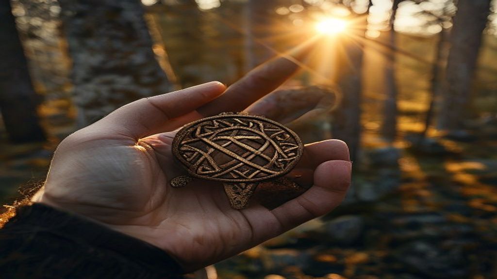 Algiz rune deeply engraved on hand-forged iron amulet, golden hour light on stone, snow-covered stone altar in forest clearing