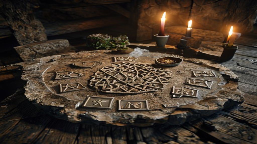 Ansuz and Kenaz runes carved into ancient weathered oak wood on a ritual altar, single candle flame casting long shadows, Viking-age longhouse interior