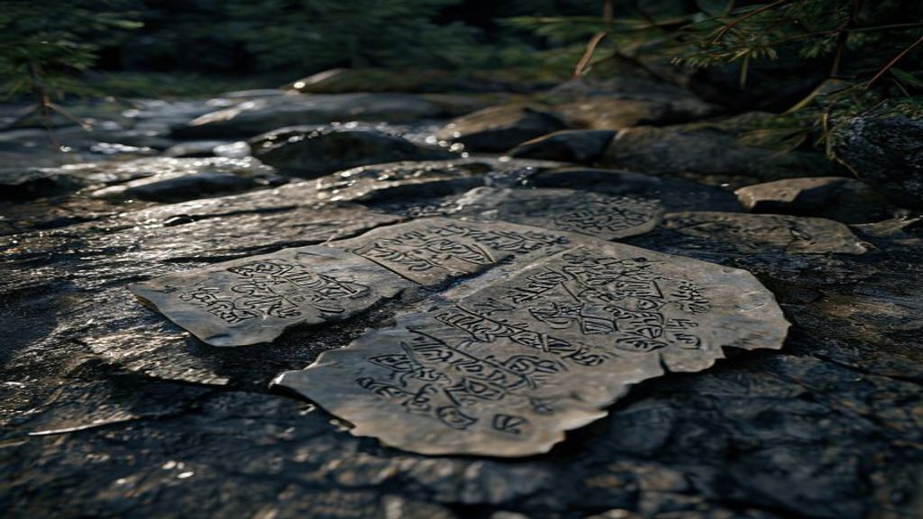 Rune stones cast onto rough granite surface forming compound shapes, cold winter morning diffused light, Norse archaeological dig site