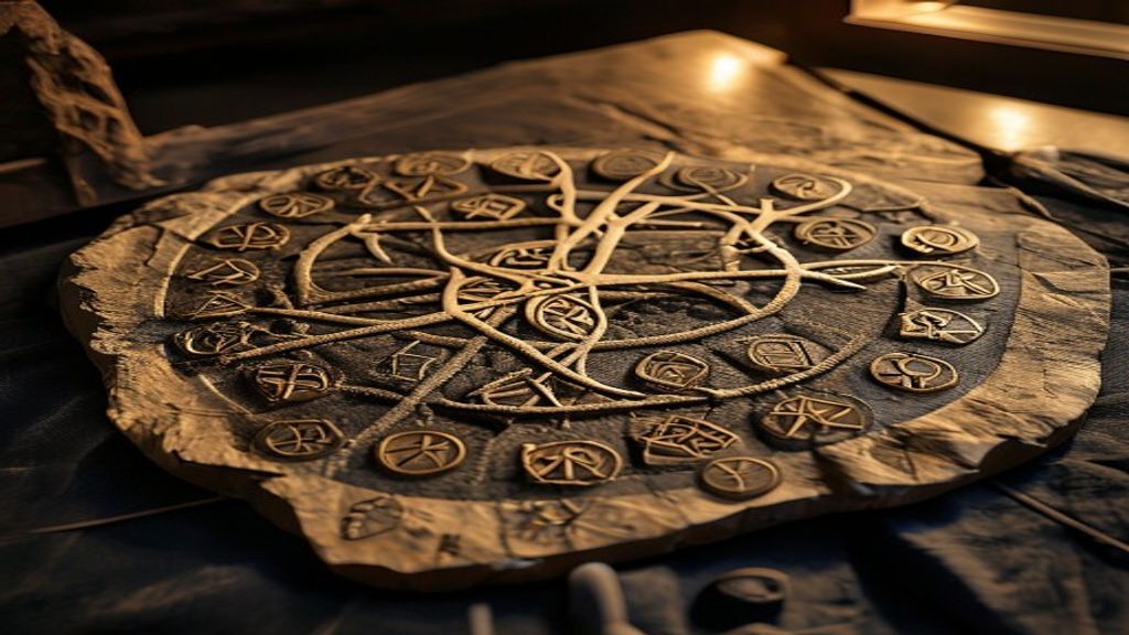 Multiple Elder Futhark rune pieces carved from deer antler scattered on dark cloth, golden hour light filtering through forest, forest clearing with ancient standing stones
