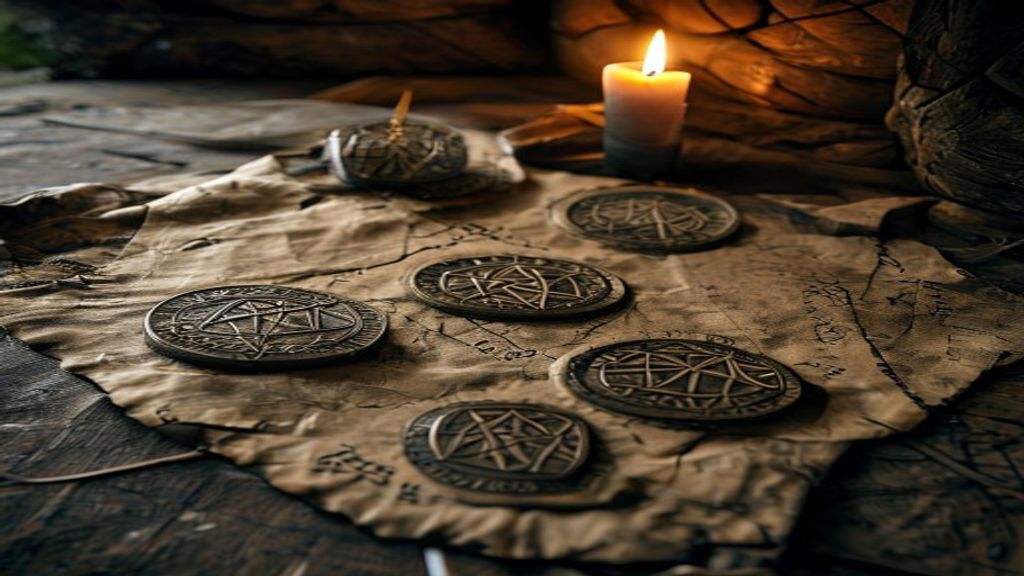 Perthro and Laguz bind rune inscribed on aged parchment manuscript, dim lantern light in stone chamber, historical museum display on dark velvet