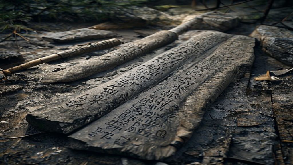 Ancient Viking Age runic inscription bind rune ligature on rough granite runestone archaeological find, cold winter morning diffused light, forest clearing with ancient standing stones