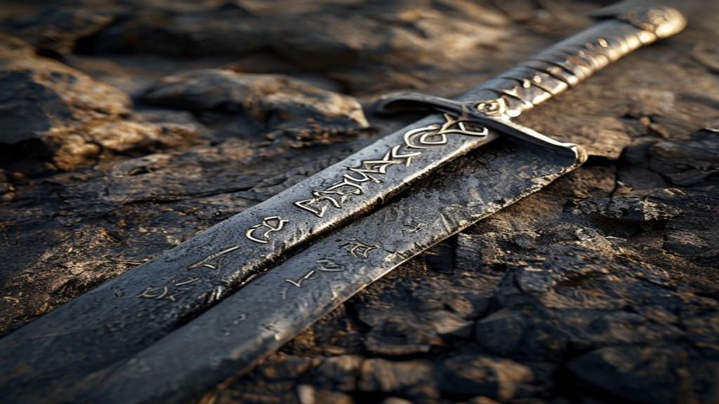 Viking Age Tiwaz victory rune inscription from Sigrdrífumál on hand-forged iron sword blade with bind rune ligature, dim lantern light in stone chamber