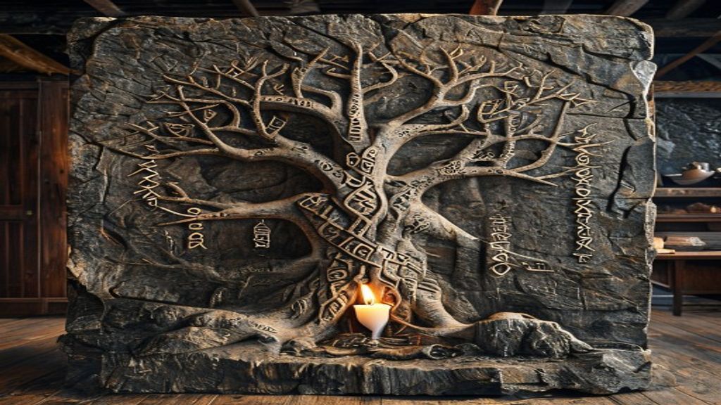 Odin sacrifice Yggdrasil world tree Elder Futhark runes carved into volcanic basalt stone with tree root pattern and candlelight, Viking-age longhouse