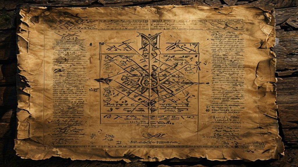 Icelandic Lukkustafir luck stave bind rune design written on aged parchment manuscript with moonlight filtering through pine forest at Norse archaeological site