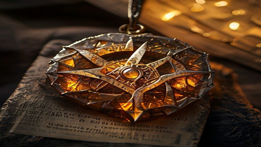 Norse victory rune talisman with Tiwaz warrior rune set in cracked amber with gold thread, single candle flame casting long shadows in museum display case