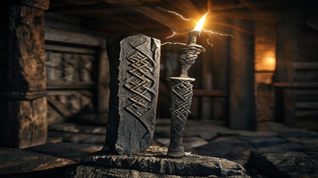 Tiwaz and Sowilo victory luck bind rune carved into volcanic basalt stone with golden sunlight and snow-covered standing stones